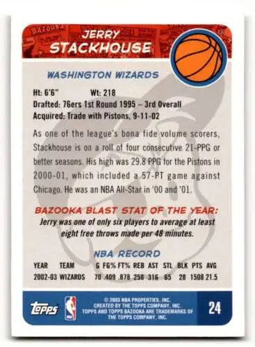 Jerry Stackhouse Washington Wizards Basketball Card with original gloss finish