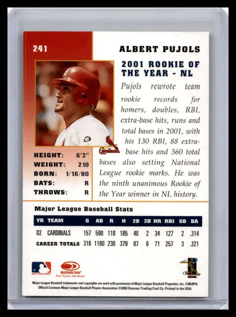 Baseball card of Albert Pujols in a red helmet for Louis Cardinals Donruss Champions