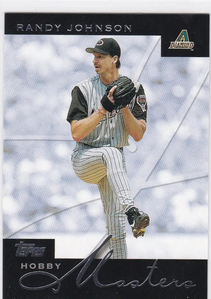 Baseball card of Randy Johnson pitching in pinstripes from 2003 Topps Hobby Masters