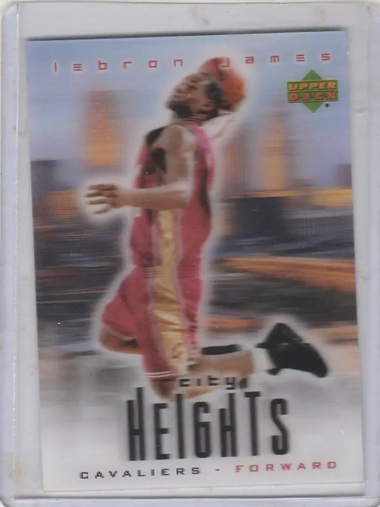 Basketball trading card of LeBron James in red uniform from Upper Deck City Heights