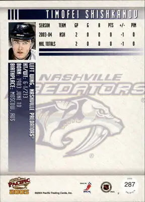 Hockey card featuring Timofei Shishkanov of Nashville Predators 2004-05 Pacific #287