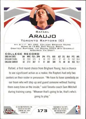 Back of 2004-05 Topps Chrome #173 Rafael Araujo Rookie card for Toronto Raptors