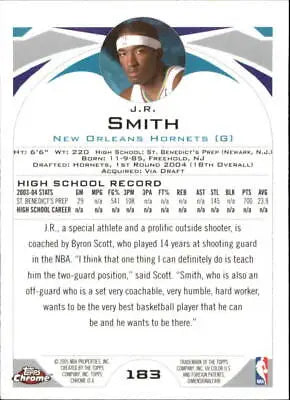 Back of 2004-05 Topps Chrome #183 JR Smith Rookie card featuring New Orleans Hornets