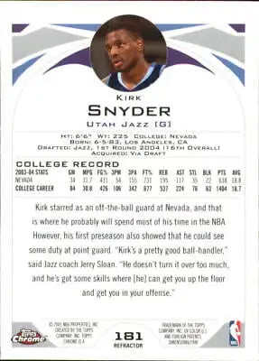 Basketball card back of 2004-05 Topps Chrome Refractors Kirk Snyder Rookie Utah Jazz