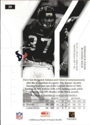 Football card back of 2004 Donruss Elite #39 Domanick Davis with original gloss finish