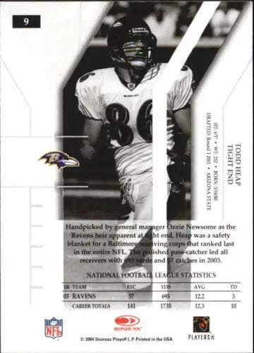 Todd Heap 2004 Donruss Elite #9 football card with original gloss, Ravens ID 11499