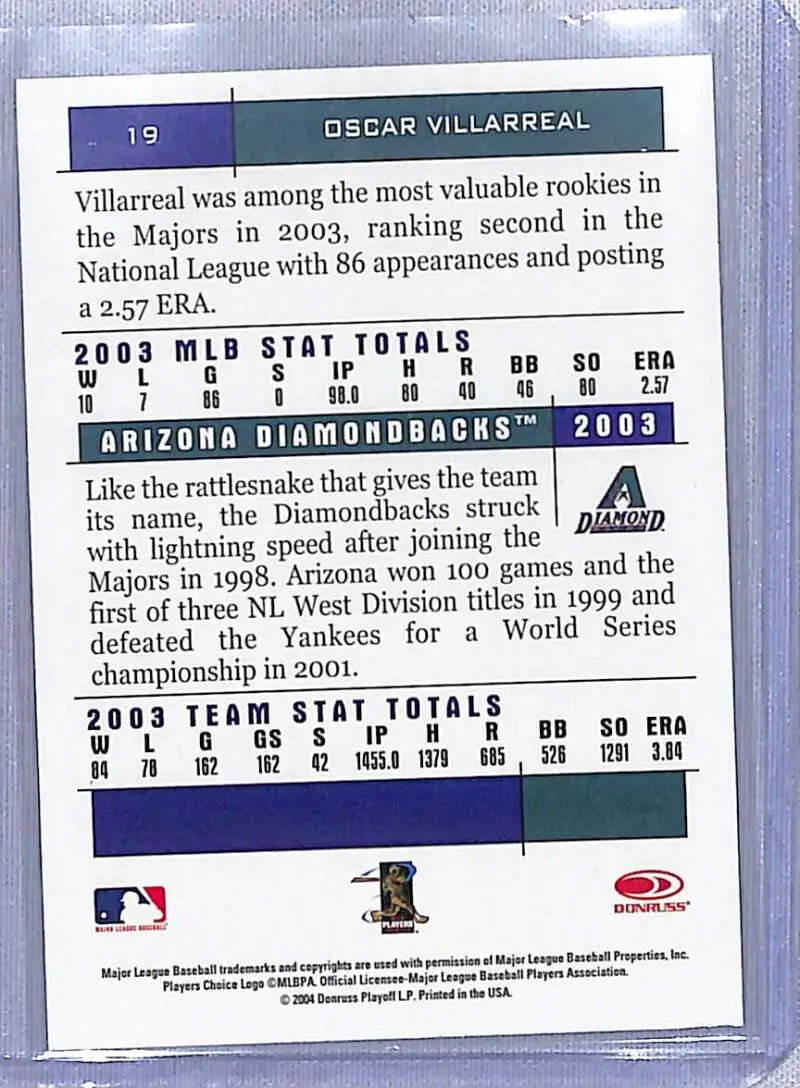 Baseball card featuring Oscar Villarreal’s MLB statistics from Donruss Team Heroes