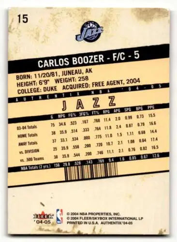 2004 Fleer Authentix Carlos Boozer Utah Jazz Basketball Card with original gloss