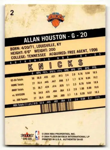 Allan Houston 2004 Fleer Authentix #2 New York Knicks basketball card with original gloss