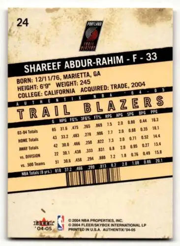 Back of 2004 Fleer Authentix #24 Shareef Abdur-Rahim Portland Trail Blazers card