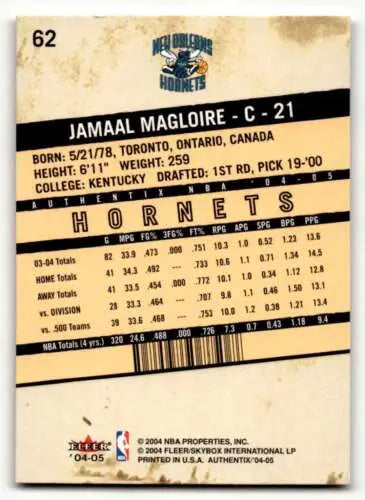 Basketball card back of 2004 Fleer Authentix #62 Jamaal Magloire with original gloss