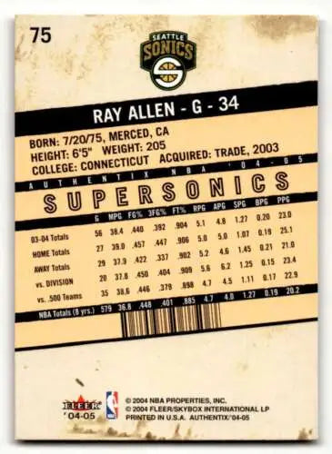 Ray Allen Seattle SuperSonics basketball card back with original gloss texture