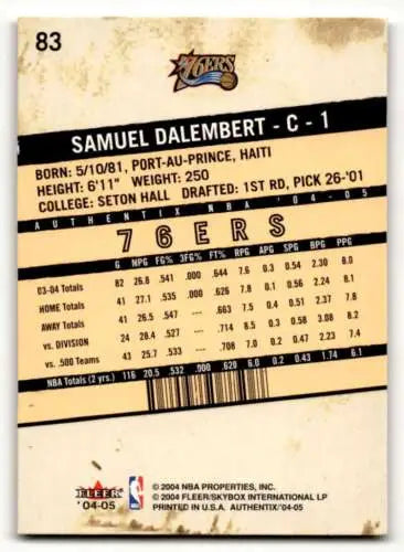 Original gloss 2004 Fleer Authentix Samuel Dalembert Philadelphia 76ers basketball card