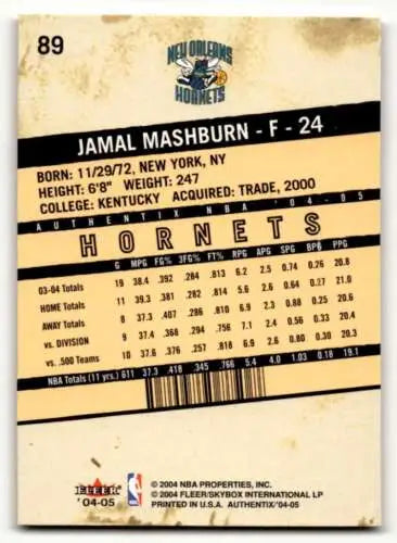 Back of 2004 Fleer Authentix Jamal Mashburn basketball card displaying original gloss