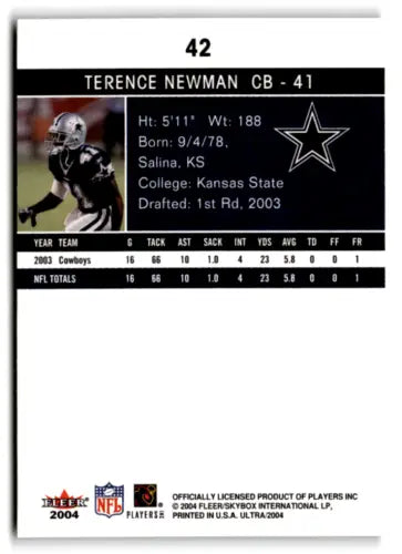 2004 Fleer Ultra #42 Terence Newman football card featuring original gloss finish