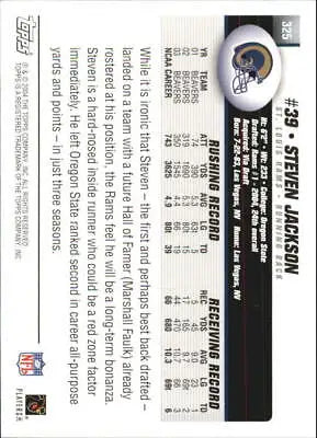 Back of 2004 Topps #325 Steven Jackson Rookie St. Louis Rams NFL Football Card NM-MT