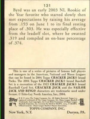 Back of 2004 Topps Cracker Jack #131 Marlon Byrd Washington Nationals baseball card