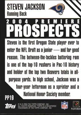 Football card back of 2004 Topps Premiere Prospects #PP19 Steven Jackson St. Louis Rams