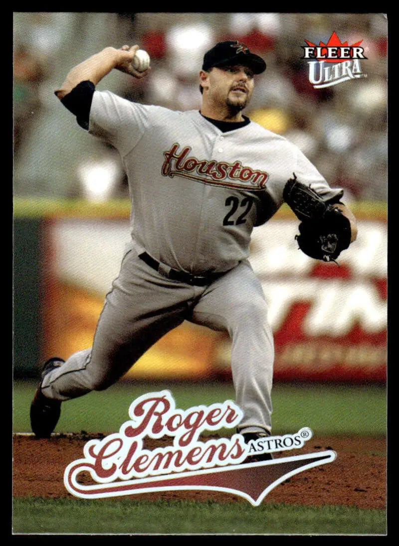 Baseball pitcher Roger Clemens mid-delivery in Houston Astros uniform for baseball card