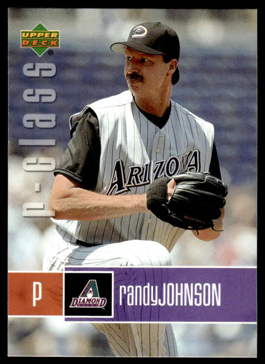 Randy Johnson Arizona Diamondbacks baseball card in pinstripe uniform from 2004 Upper Deck