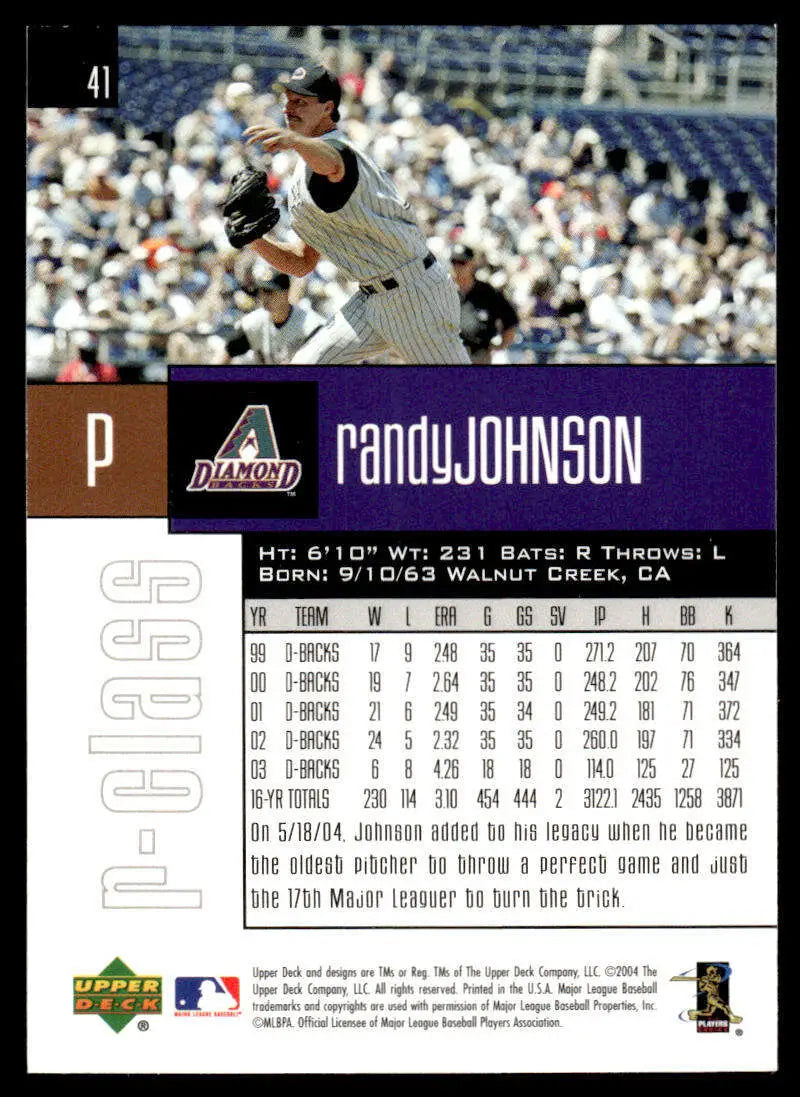 Randy Johnson pitching in Yankees uniform on 2004 Upper Deck Arizona Diamondbacks card