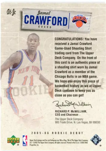 Jamal Crawford 2005-06 Upper Deck Rookie Debut Threads basketball card New York Knicks