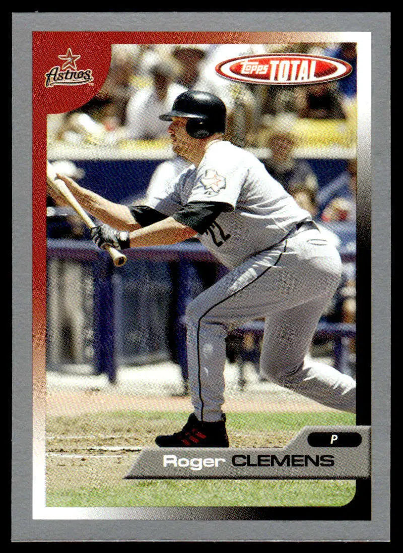 Baseball card of Roger Clemens bunting for Houston Astros from 2005 Topps Total