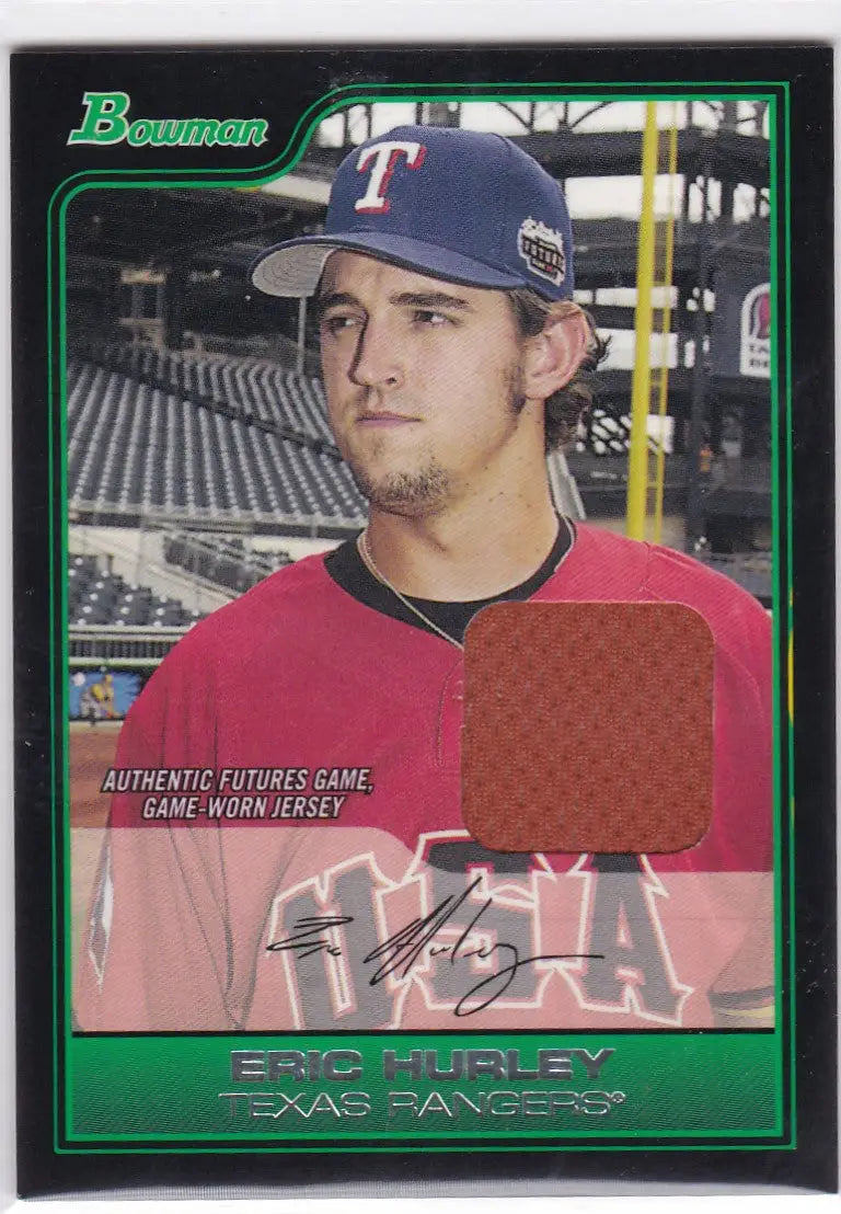 Baseball card of FG29 Eric Hurley featuring a Texas Rangers relic fabric swatch