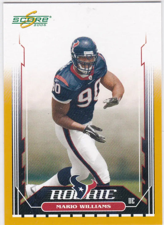 Football trading card of Mario Williams Gold 598/600 Houston Texans in navy jersey