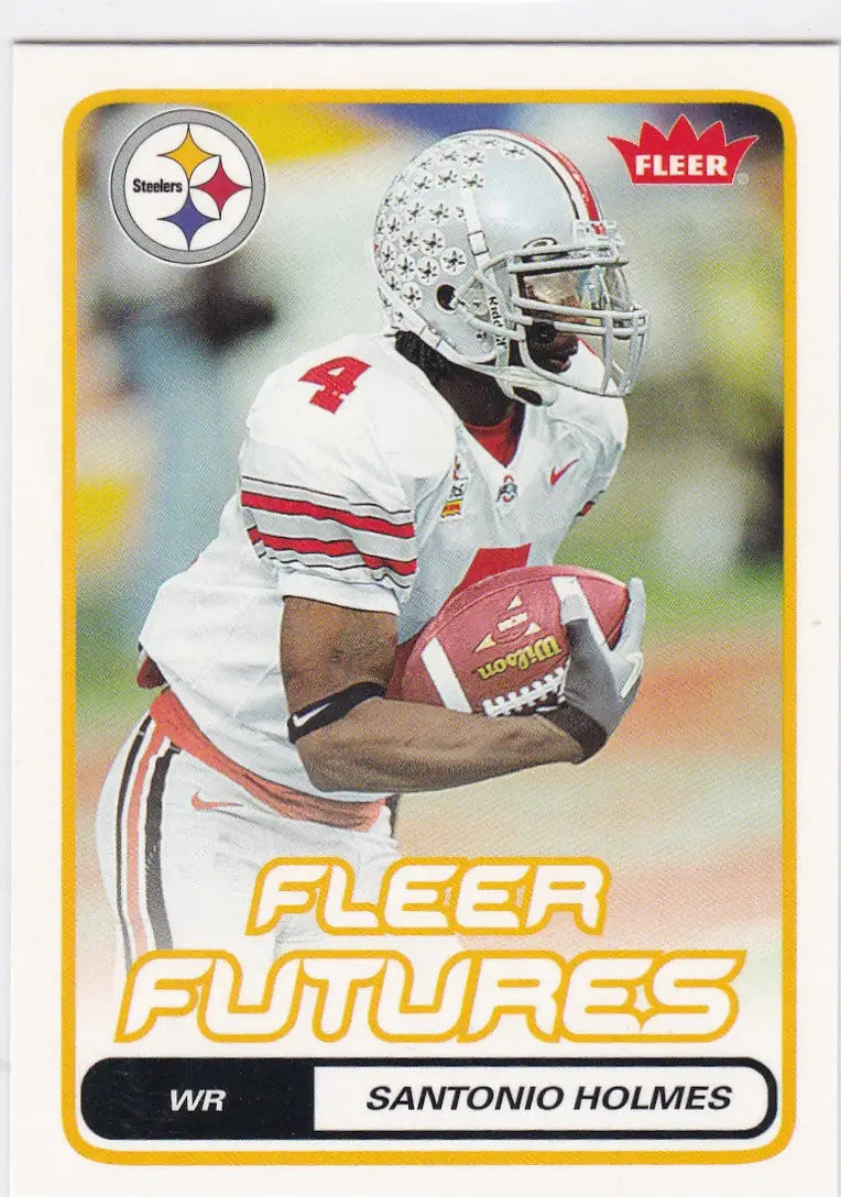 Football trading card of Santonio Holmes in white Ohio State uniform carrying ball