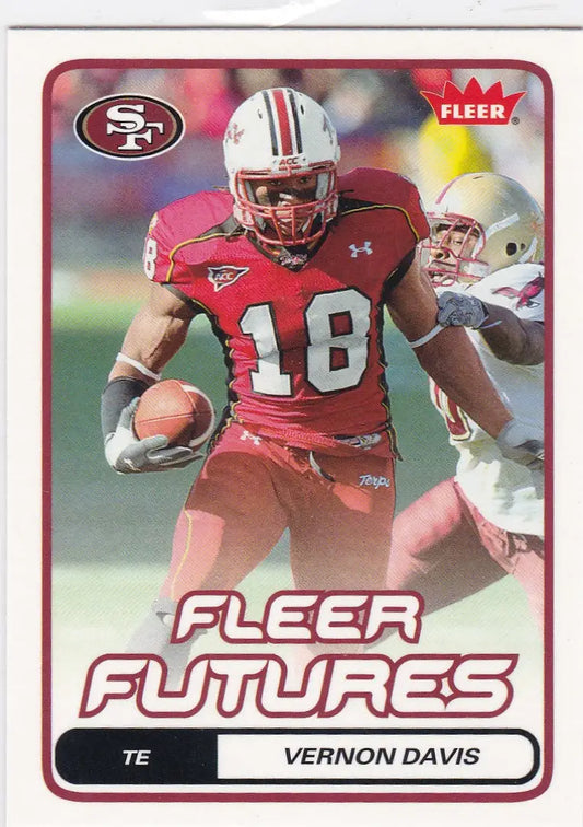 Football trading card of Vernon Davis RC Rookie in red uniform for San Francisco 49ers