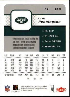 Chad Pennington Giants football card back from 2006 Fleer #67 NFL Sports collection