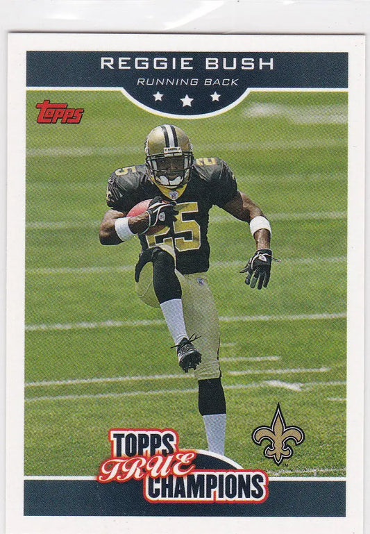 Reggie Bush True Champions RC Rookie trading card in black and gold New Orleans Saints uniform