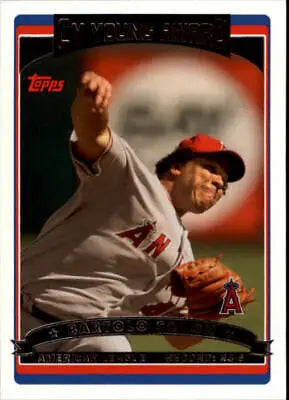 Baseball card of Bartolo Colon pitching for Los Angeles Angels mid-delivery