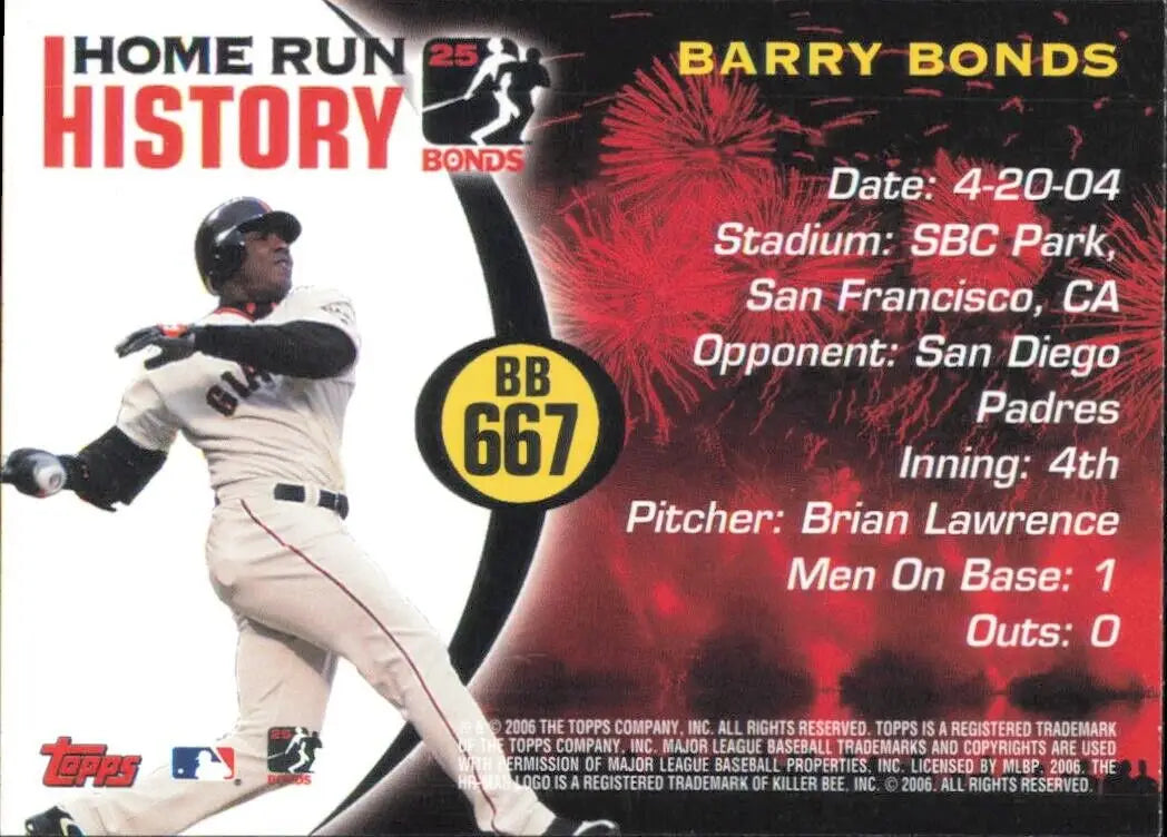 2006 Topps Barry Bonds Home Run History #667 San Francisco Giants MLB Card NM-MT