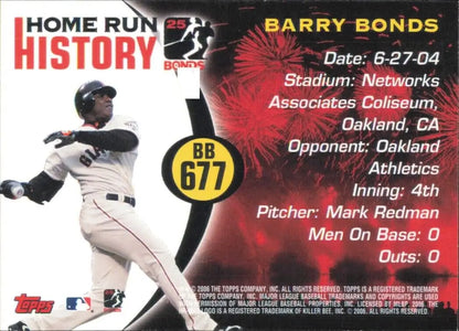 2006 Topps Barry Bonds Home Run History #677 San Francisco Giants MLB Card NM-MT