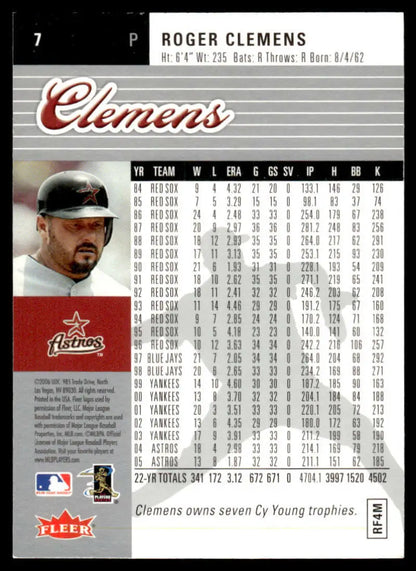 Baseball card featuring Roger Clemens’ statistics as a Houston Astros pitcher