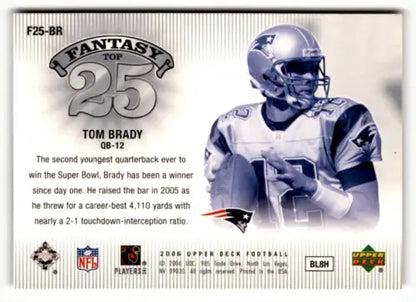 Tom Brady football card from 2006 Upper Deck Fantasy Top 25 original gloss NM-MT Patriots