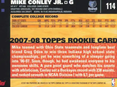 2007-08 Topps #114 Mike Conley Jr Rookie Card from Memphis Grizzlies Basketball NBA