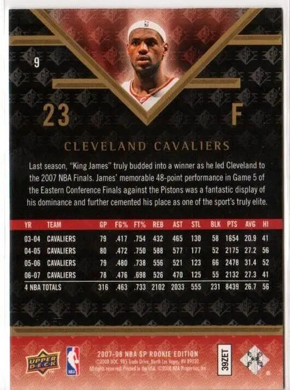 Basketball card back of 2007-08 NBA SP Rookie Edition LeBron James #9 Cleveland Cavaliers