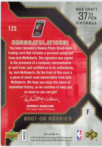 Back of 2007-08 SPx #123 Josh McRoberts Rookie Auto Jersey Trail Blazers Card NM-MT