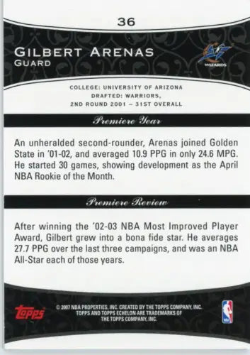 Back of 2007-08 Topps Echelon #36 Gilbert Arenas Basketball Card for Washington Wizards