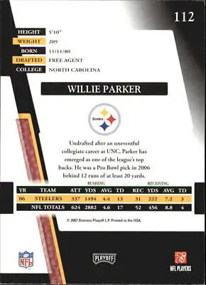 Willie Parker 2007 Absolute Memorabilia Football Card Pittsburgh Steelers NM