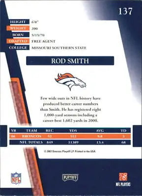 NFL trading card featuring Rod Smith and Denver Broncos logo from Absolute Memorabilia