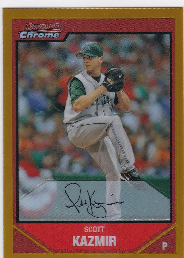 Baseball card of Scott Kazmir in gray uniform from 2007 Bowman Chrome Gold Refractor