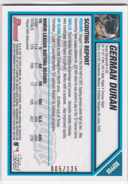 2007 Bowman Draft BDPP88 German Duran Game Used Base card with blue border details