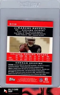 JaMarcus Russell rookie card from 2007 Bowman Football featuring the Oakland Raiders