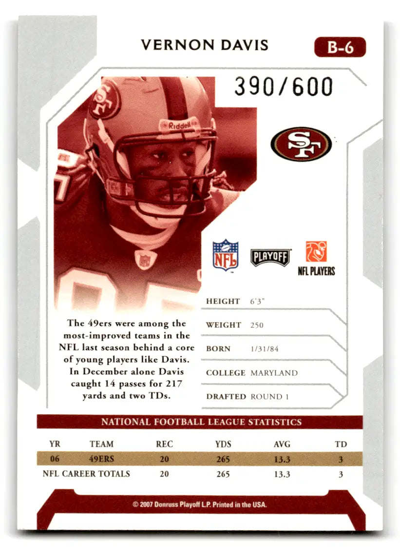 Vernon Davis 2007 Playoff football card B-6 49ers original gloss limited to 600 cards typically sell