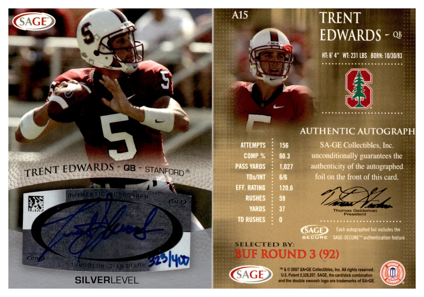 Football trading card of Stanford quarterback Trent Edwards with authentic autograph