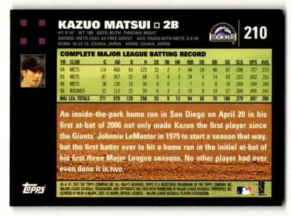 Kazuo Matsui Colorado Rockies baseball card with original gloss, 2007 Topps #210